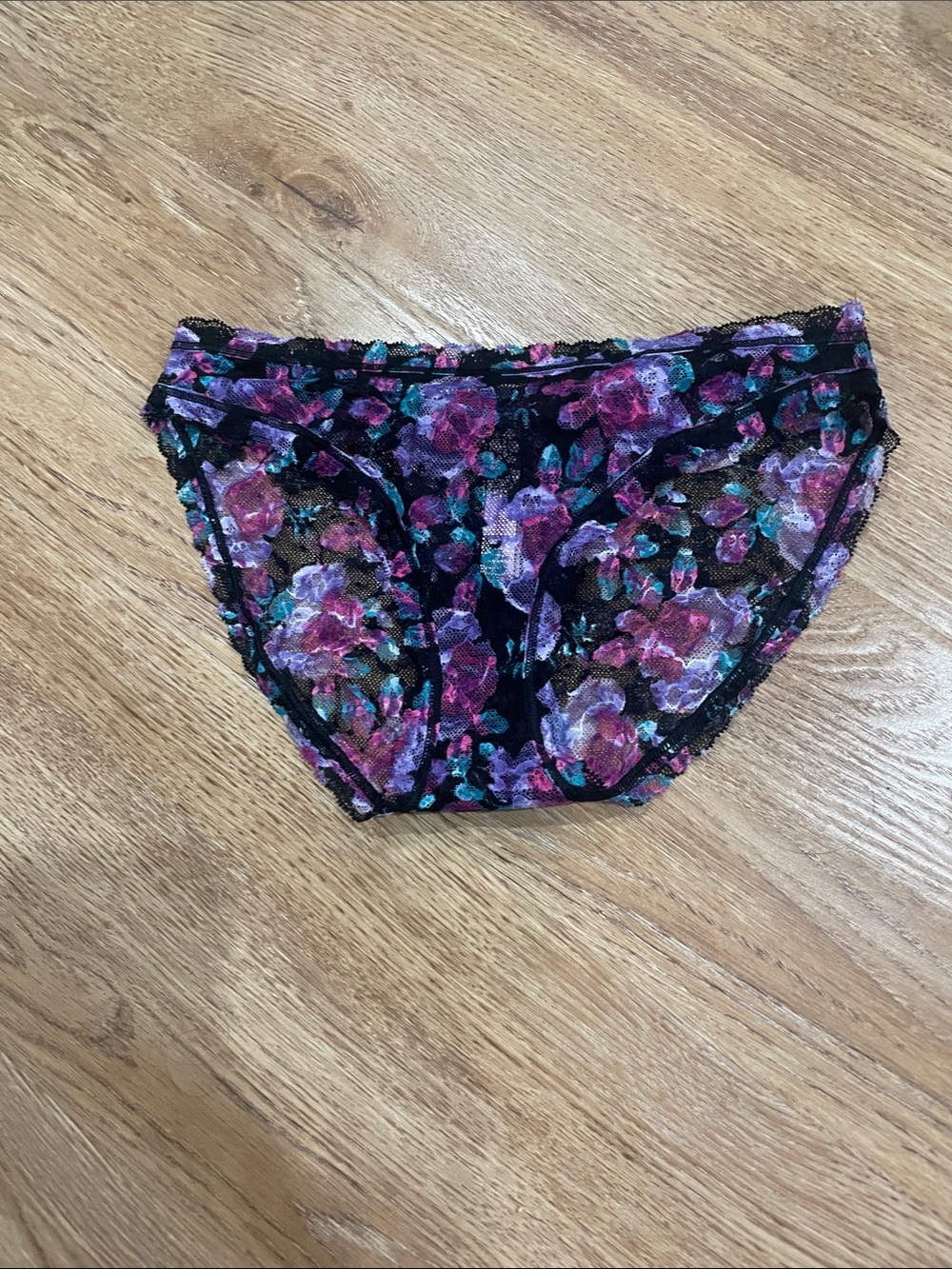 Victoria's Secret Black Lace Bikini Panties with Pink, Purple & Teal Floral